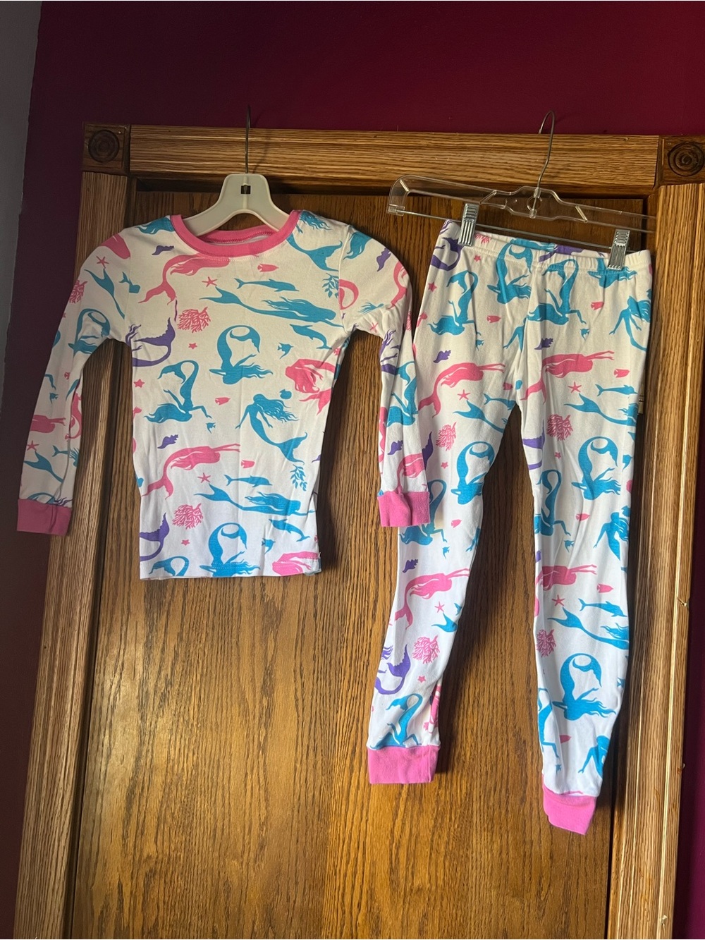 Girls White Mermaid Print Pajama Set with Pink Trim size 8